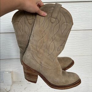 Suede Tan Cowboy Boots. Lined for winter cute and warm!